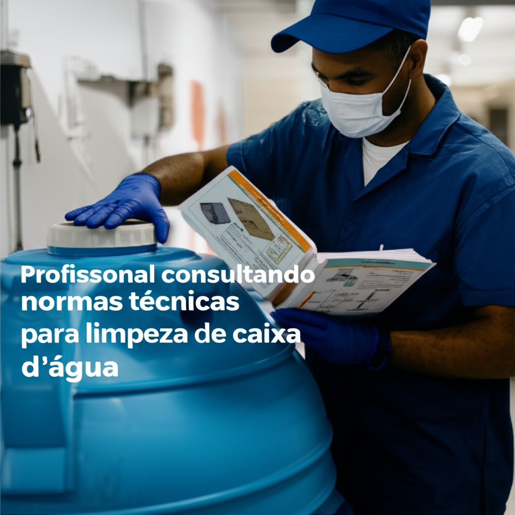 Profissional consultando normas técnicas para limpeza de caixa d'água.