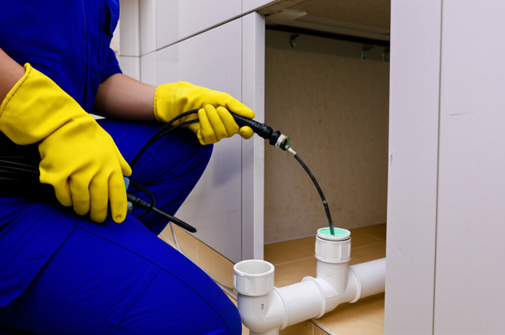 Profissional de desentupimento utilizando câmera de inspeção para identificar a causa do entupimento.