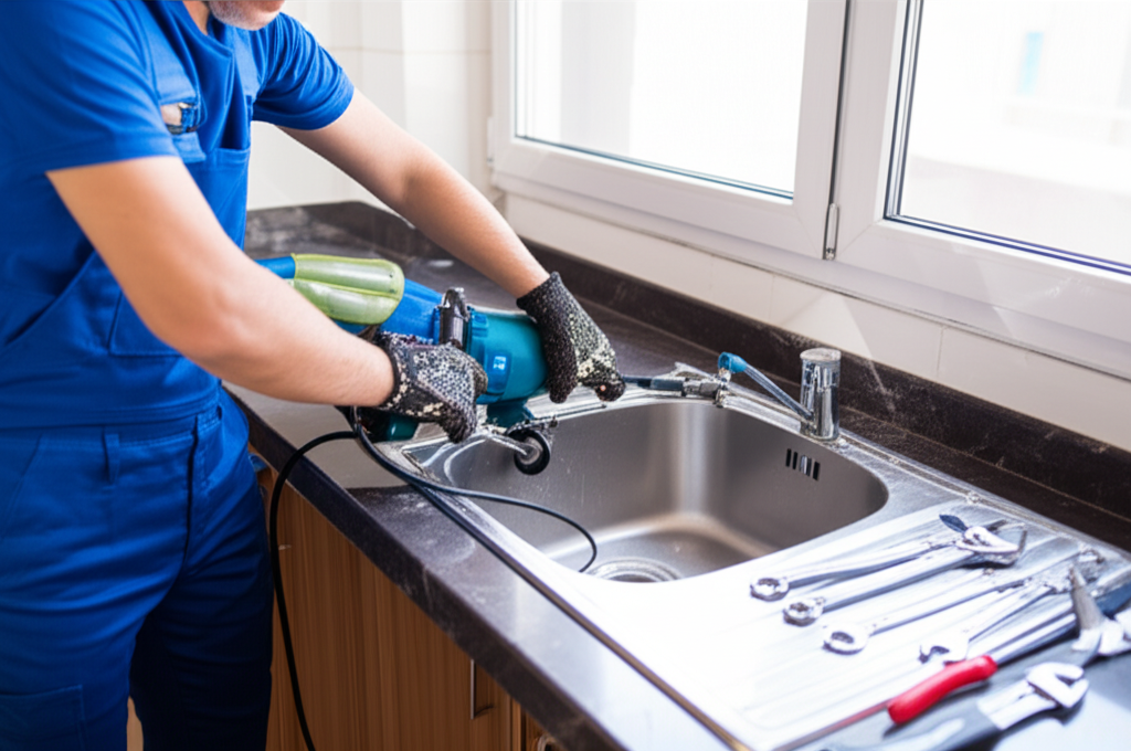 Encanador profissional utilizando equipamentos modernos para desentupir uma pia de cozinha, demonstrando expertise e segurança.