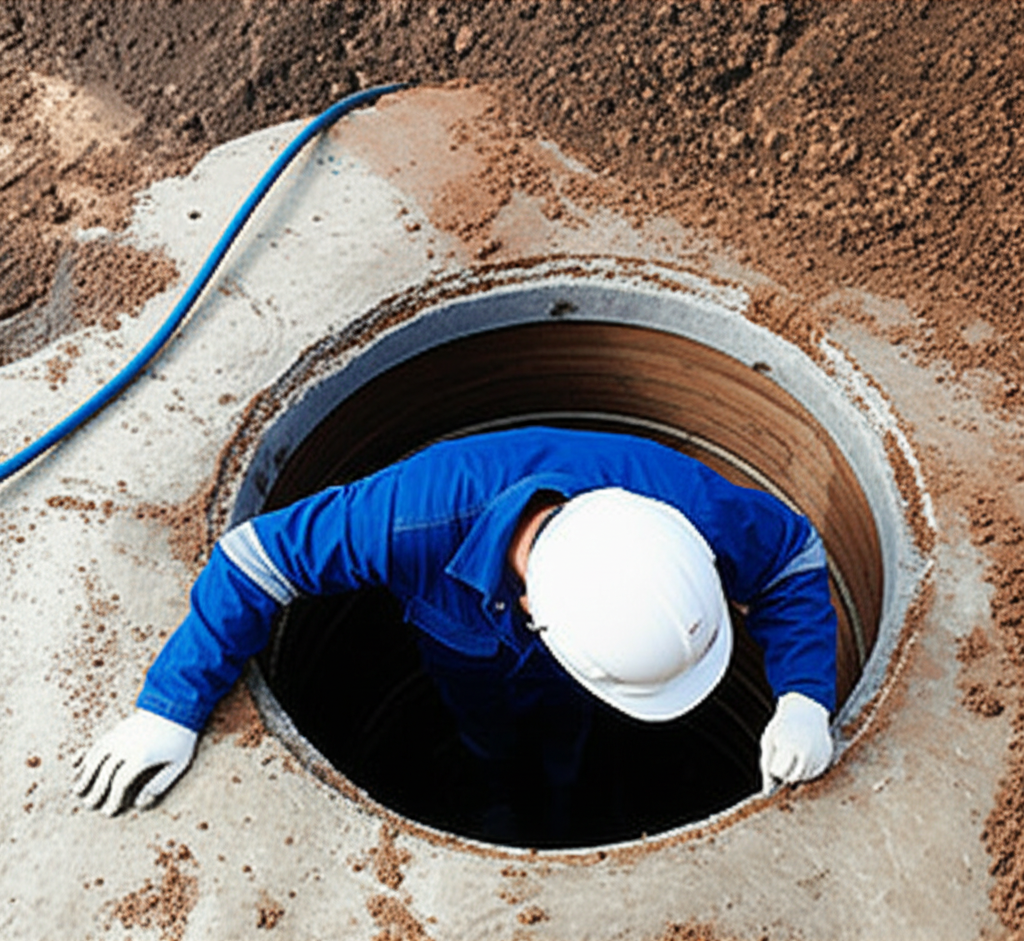 Profissional inspecionando uma fossa séptica, garantindo a qualidade do serviço e a segurança do sistema.