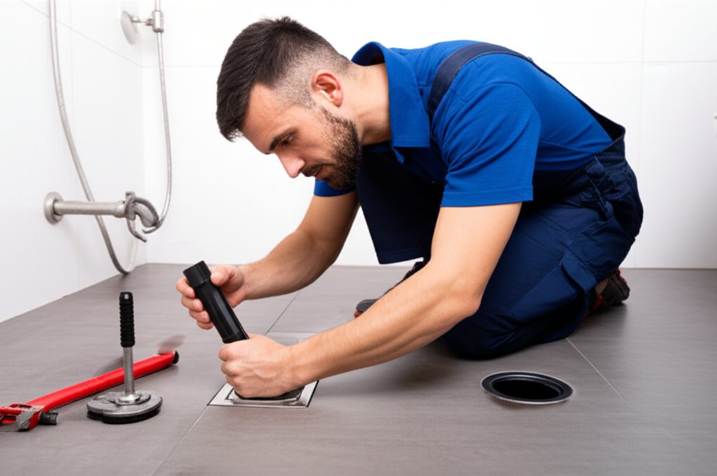 Um profissional realizando a inspeção de um ralo com equipamentos especializados.