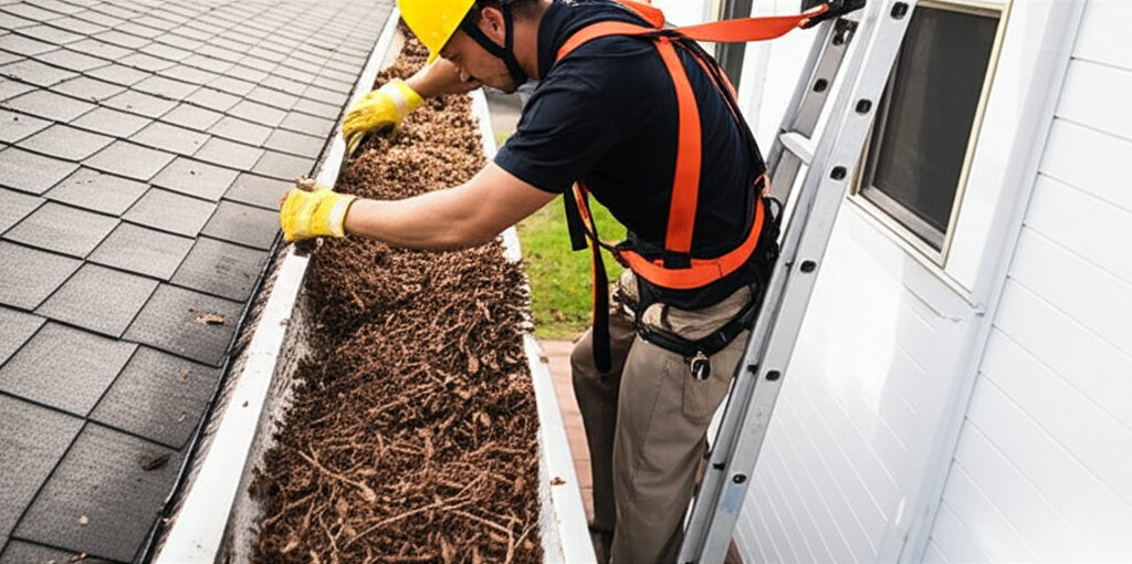Profissional equipado limpando calha com equipamentos de segurança, demonstrando o processo correto.