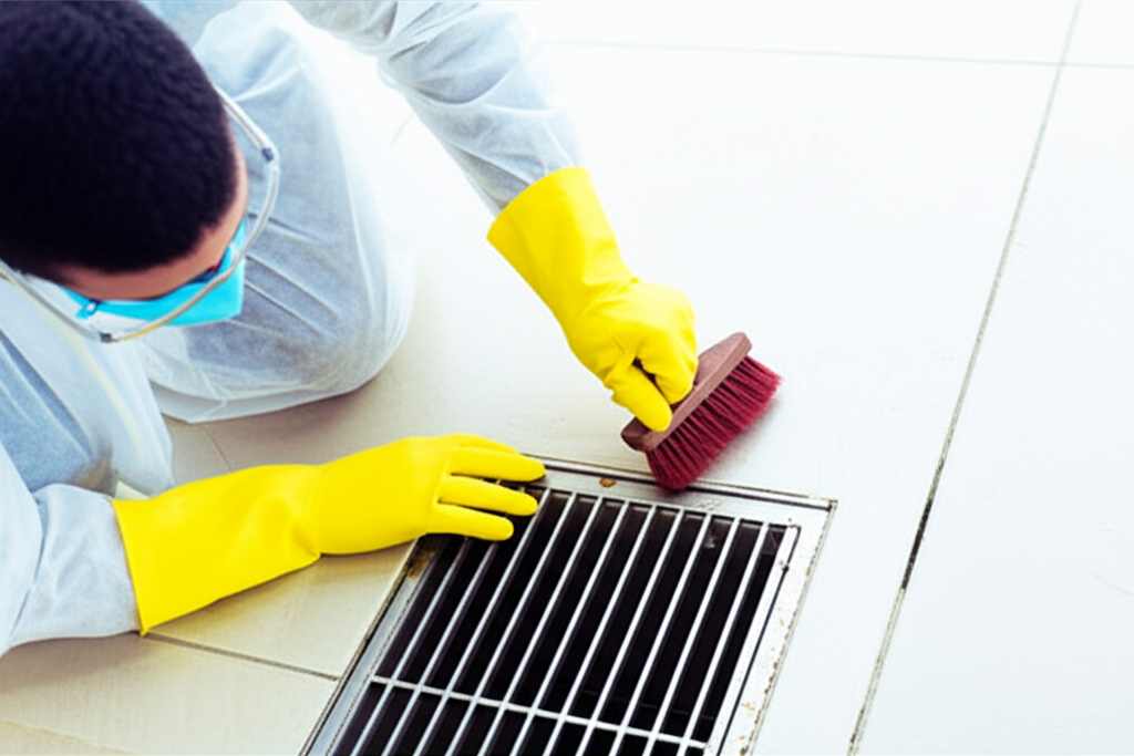 Imagem de um profissional utilizando equipamentos de proteção individual (EPIs) durante a limpeza de um ralo, demonstrando a importância da segurança e higiene no processo.