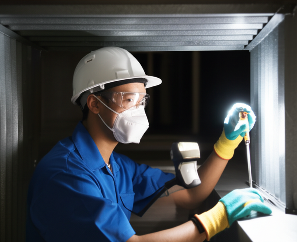 Imagem de um profissional realizando a limpeza de uma tubulação de ventilação com equipamentos de proteção individual.