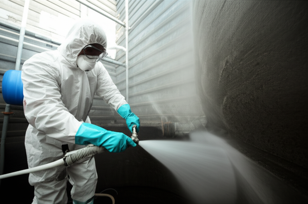 Profissional uniformizado realizando a limpeza de uma caixa d'água, demonstrando profissionalismo e atenção aos detalhes.