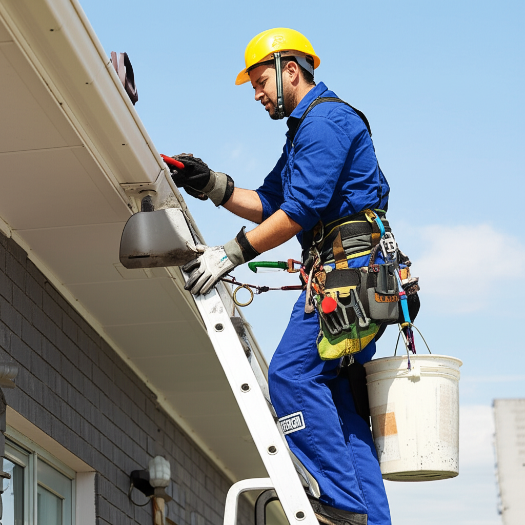 Profissional especializado em limpeza de calhas utilizando equipamentos de segurança e técnicas adequadas.