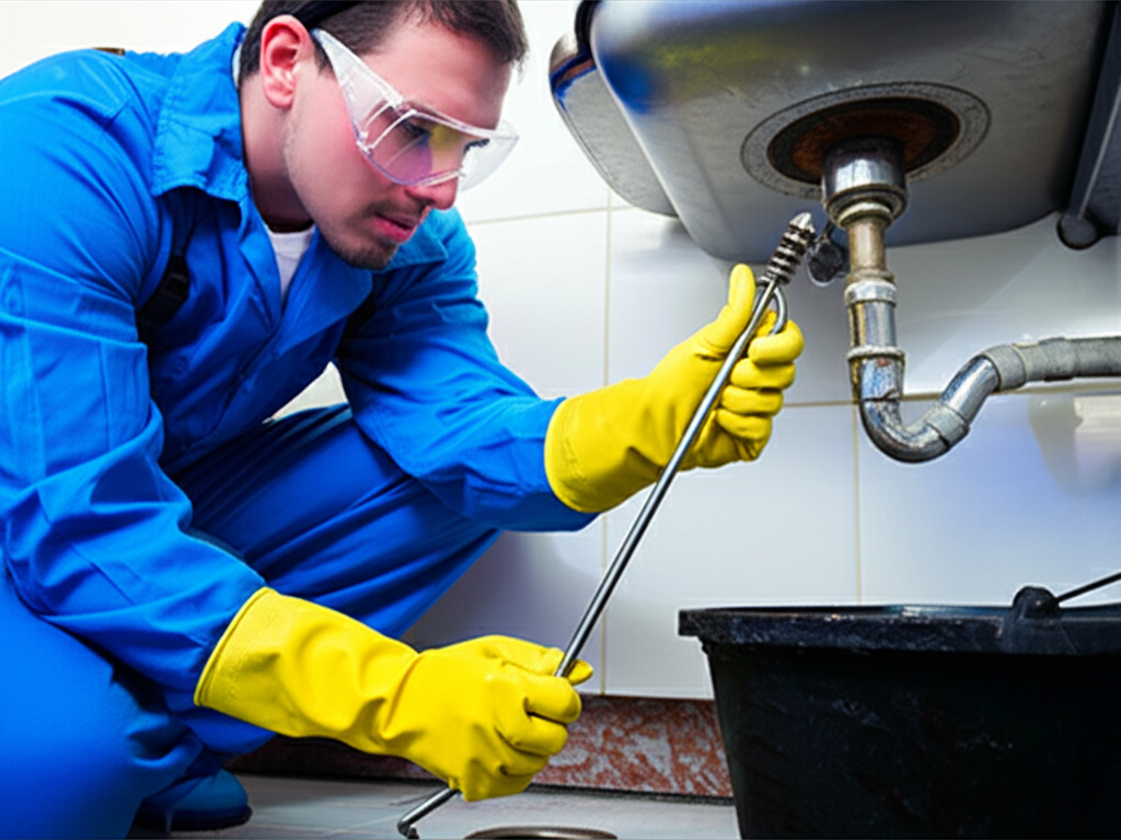 Profissional especializado em limpeza e desentupimento de ralos, utilizando equipamentos de proteção.