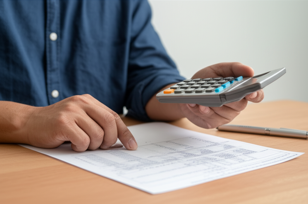 Homem segurando uma calculadora e analisando orçamentos de serviços.