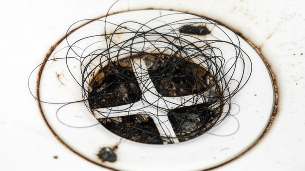 Ralo do banheiro entupido com cabelos e resíduos, causando mau cheiro.