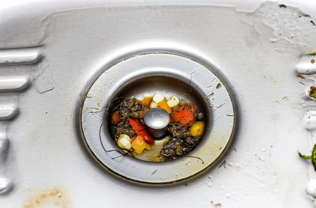 Ralo entupido com resíduos visíveis, demonstrando a necessidade de desentupimento.