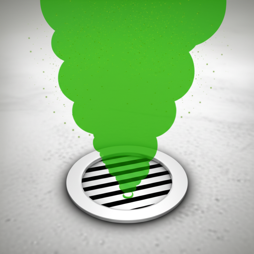 Imagem ilustrativa de um ralo com mau cheiro, indicando um possível problema na tubulação de ventilação de esgoto.