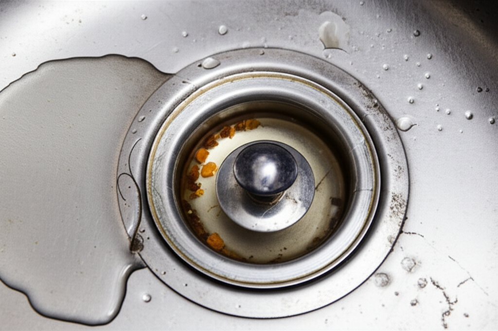 Imagem mostrando um ralo de pia com água acumulada e dificuldade de escoamento.
