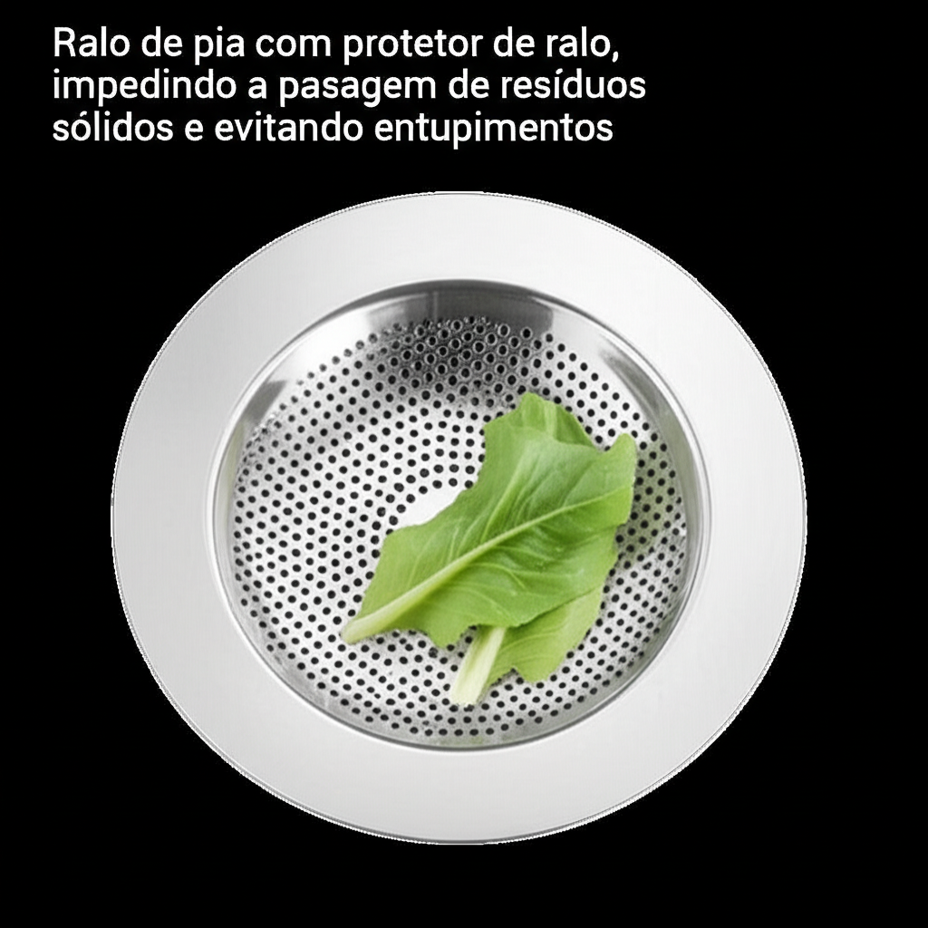 Ralo de pia com protetor de ralo, impedindo a passagem de resíduos sólidos e evitando entupimentos.