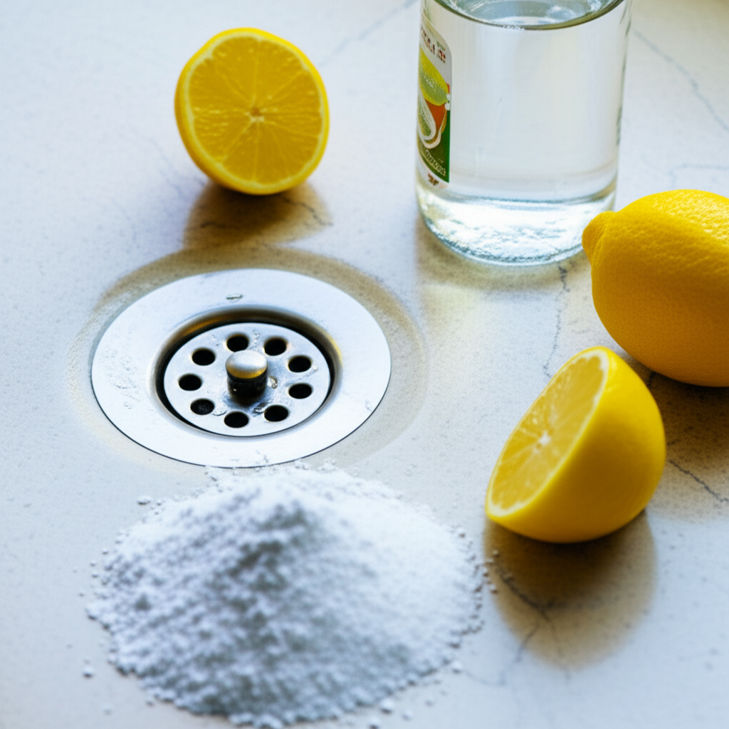 Ingredientes caseiros como bicarbonato de sódio, vinagre e limão dispostos em uma bancada, prontos para serem utilizados na limpeza do ralo.