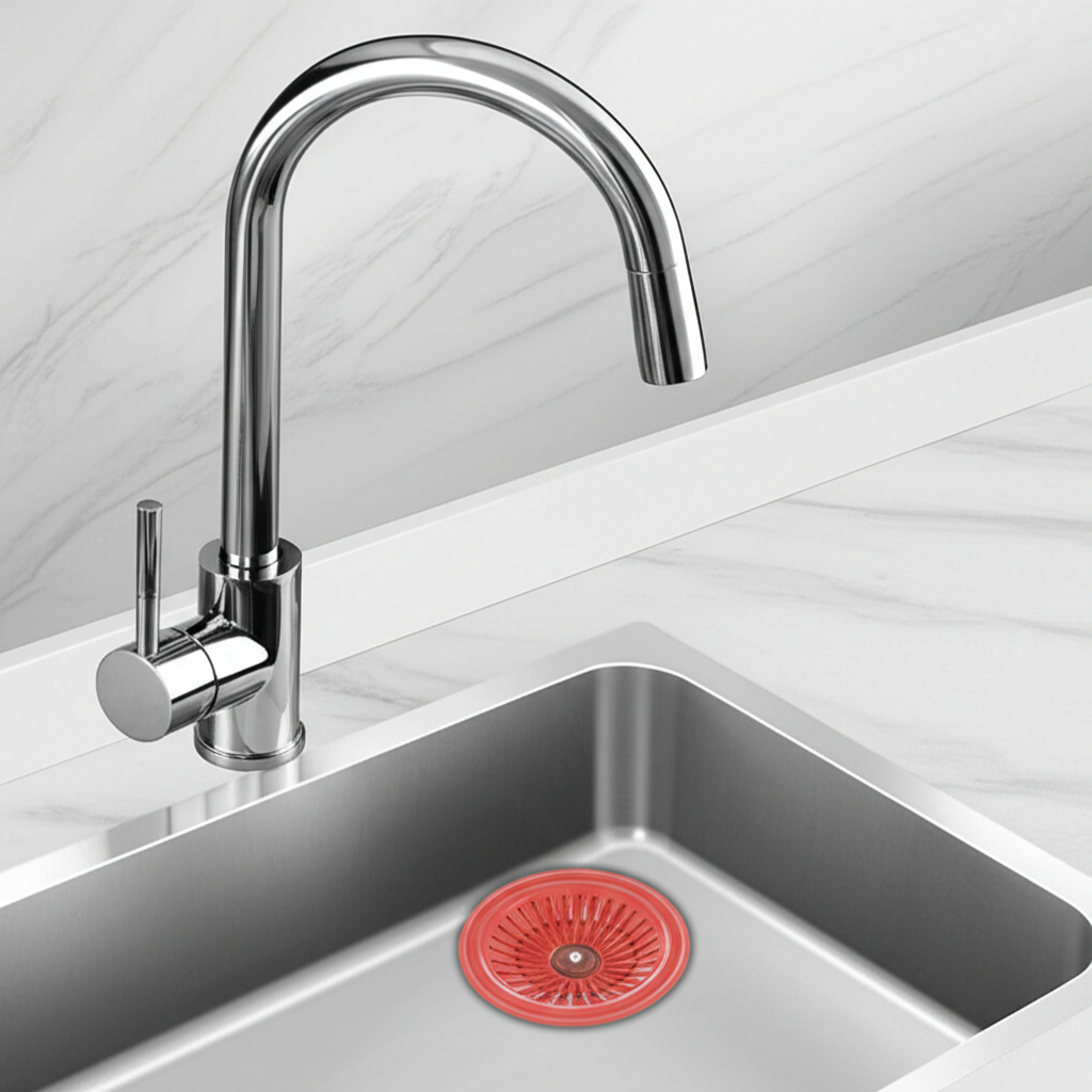 Rede coletora de resíduos instalada no ralo da pia, representando a prevenção de entupimentos.