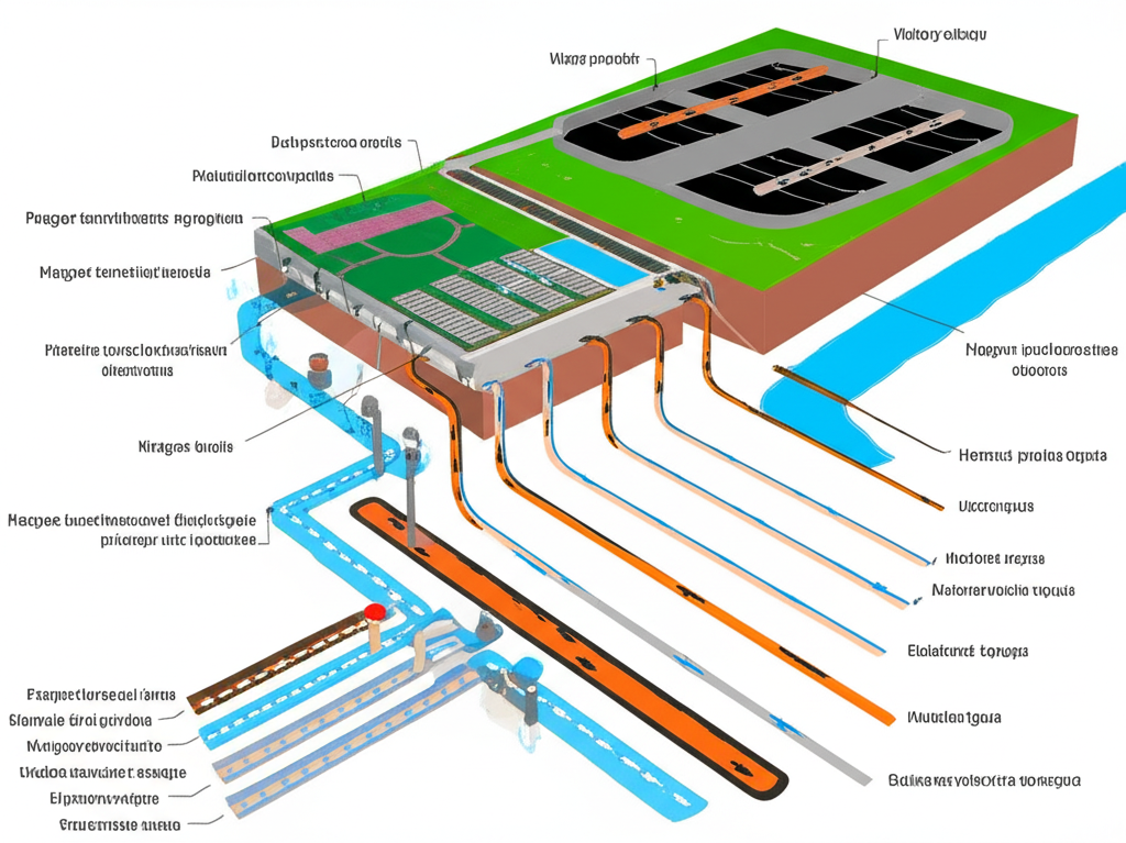 Representação gráfica do sistema de esgoto de uma cidade, mostrando a complexidade da rede de tubulações e estações de tratamento.