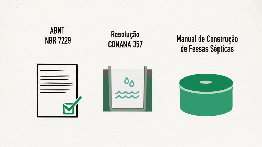 Representação visual de documentos e símbolos relacionados às regulamentações e normas técnicas para fossas sépticas.