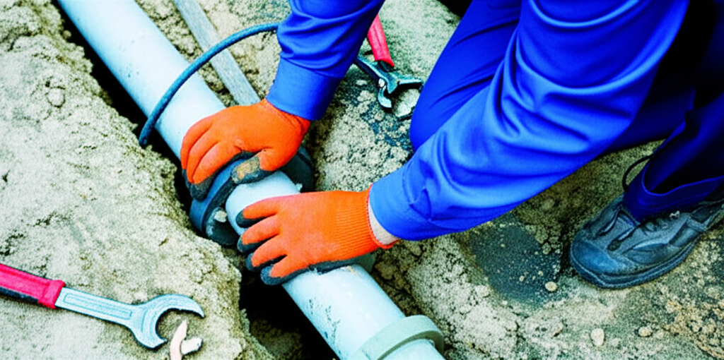 Profissional realizando reparo em tubulação de esgoto danificada.