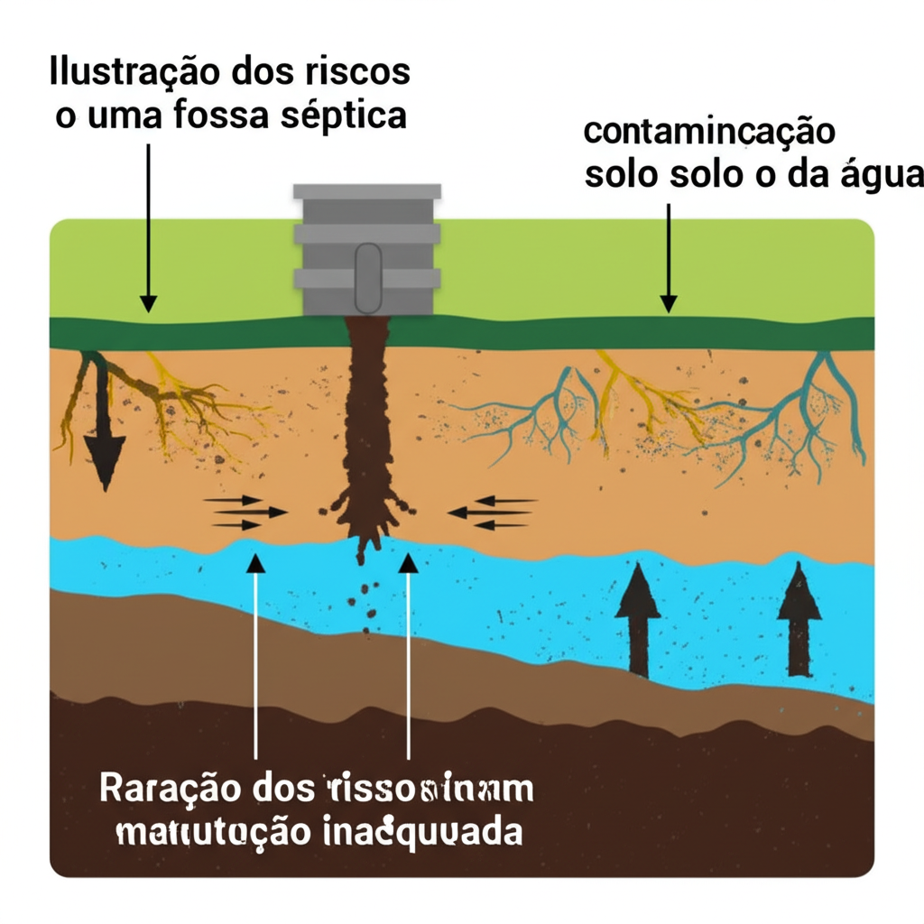 Ilustração dos riscos de uma fossa séptica com manutenção inadequada, incluindo contaminação do solo e da água.