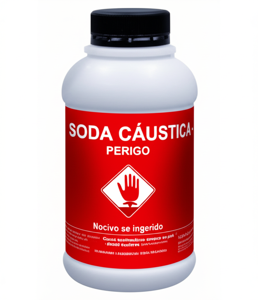 Imagem de um frasco de soda cáustica com rótulos de advertência destacados, enfatizando os perigos para a saúde.