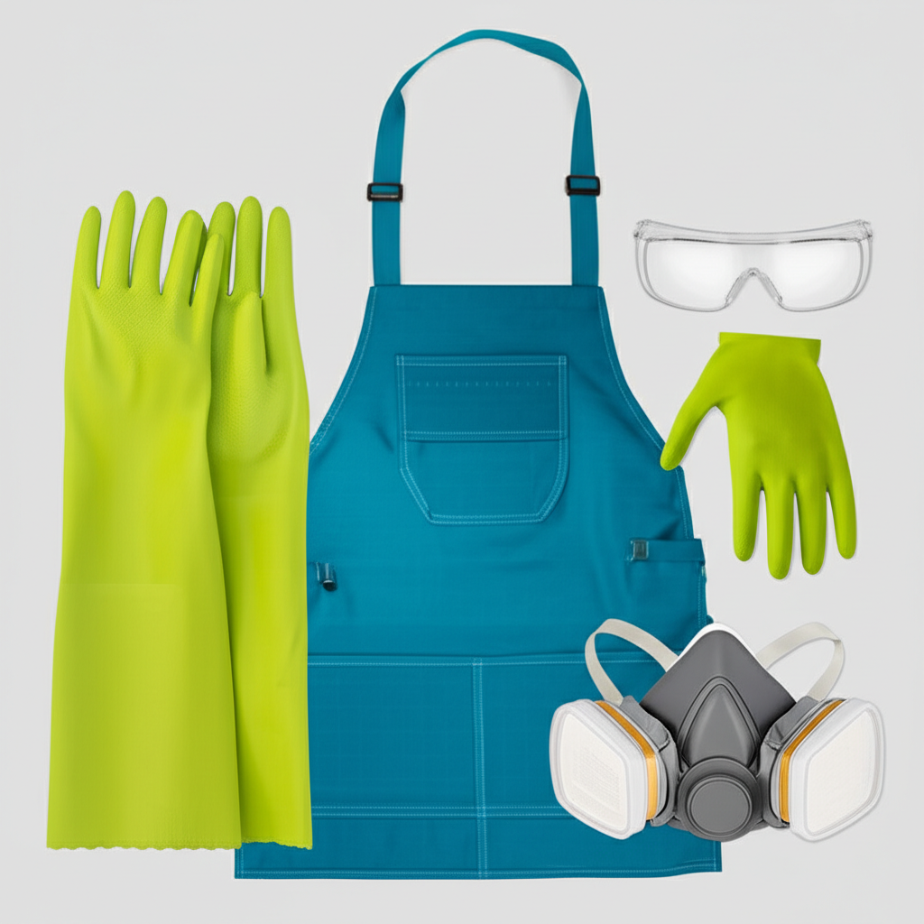 Ilustração de equipamentos de proteção individual (EPIs) necessários para o manuseio seguro da soda cáustica.