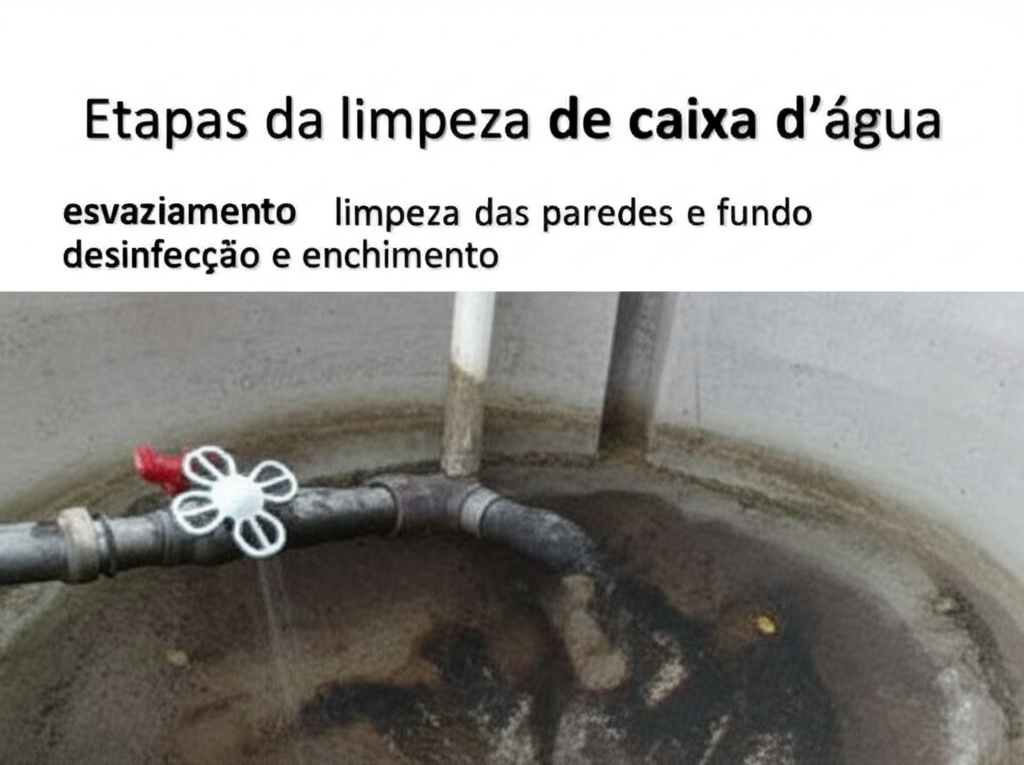 Etapas da limpeza de caixa d'água: esvaziamento, limpeza das paredes e fundo, desinfecção e enchimento.