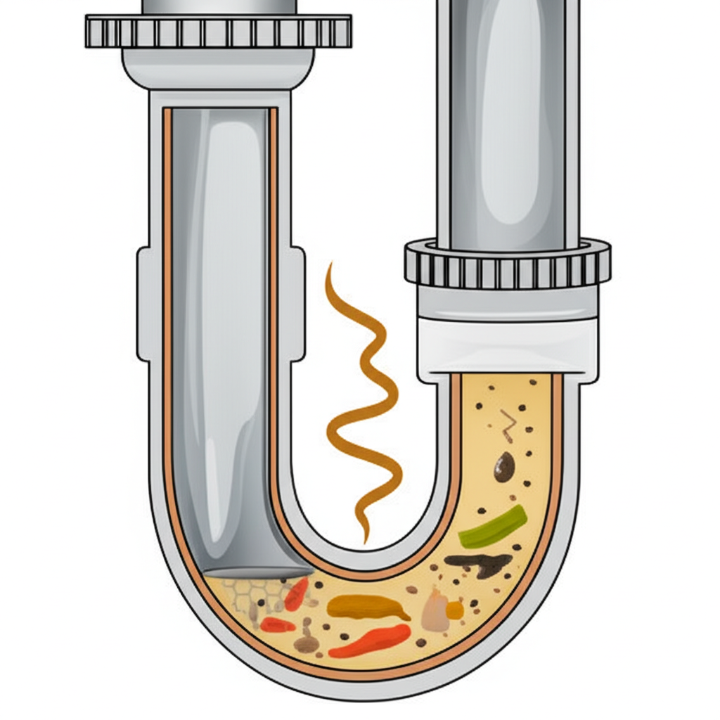 Ilustração de um sifão de pia com acúmulo de resíduos e obstruções, causando mau cheiro.