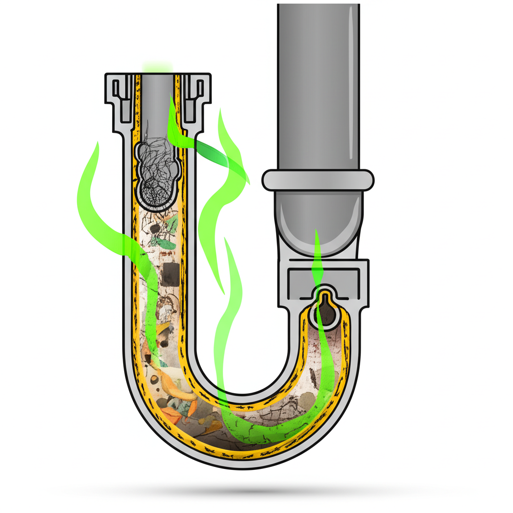Ilustração de um sifão entupido, mostrando o acúmulo de resíduos que causam o mau cheiro.