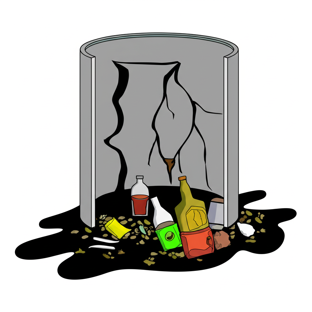 Ilustração de uma caixa de gordura com sinais de entupimento e mau funcionamento.