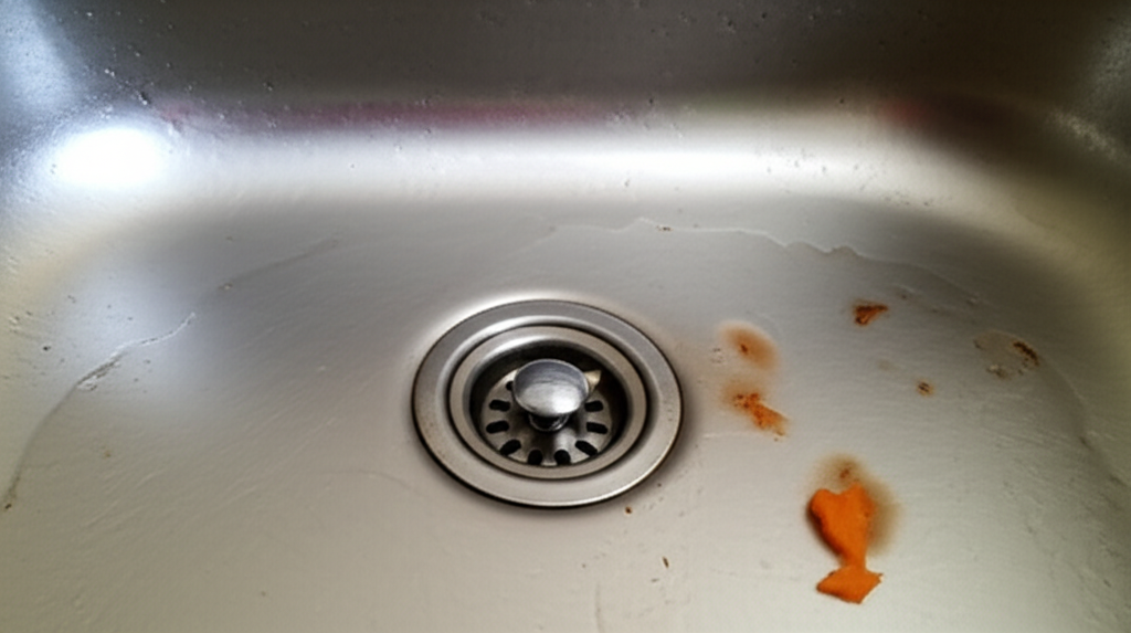 Água retornando pelo ralo da pia, indicando entupimento.