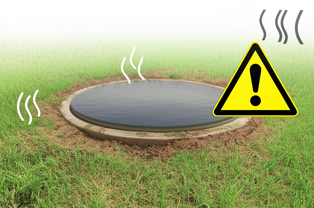Sinais visuais de problemas em fossas sépticas, como água parada e odores fortes, indicando necessidade de manutenção.