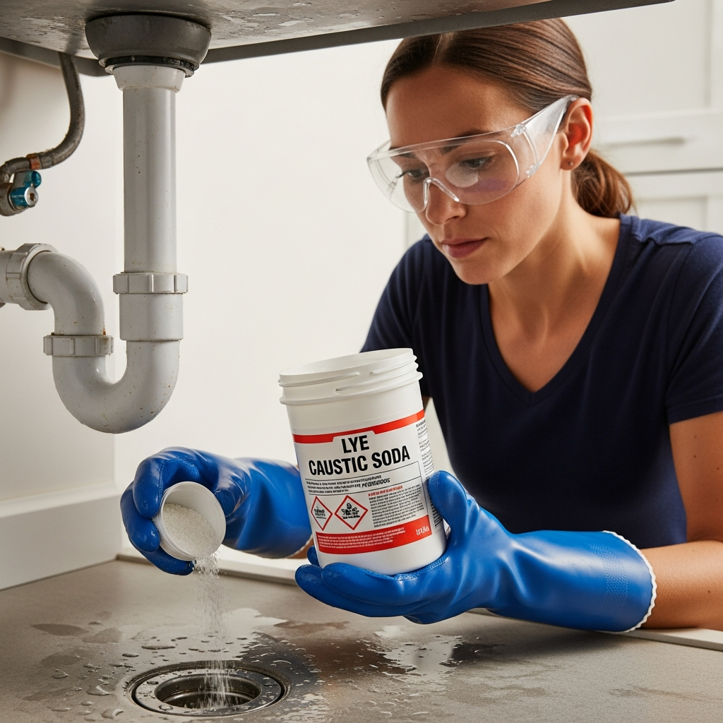 Mulher usando luvas e óculos de proteção ao manusear soda cáustica para desentupir um cano.