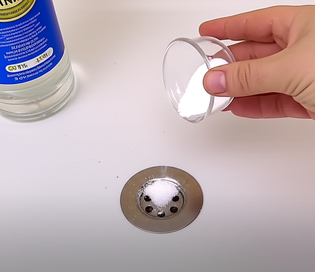 Preparando uma solução caseira para desentupir o ralo, com bicarbonato de sódio e vinagre.