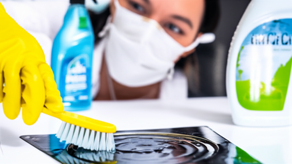 Uma pessoa utilizando luvas e máscara para realizar a limpeza de um ralo de banheiro com uma escova e produtos de limpeza.