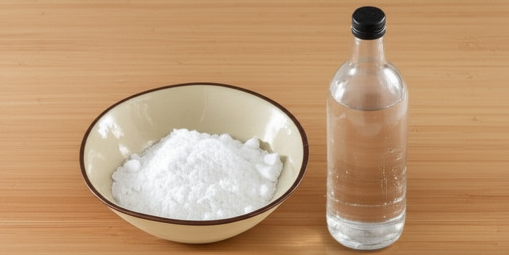 Imagem mostrando ingredientes comuns como bicarbonato de sódio, vinagre e água fervente, utilizados na limpeza do ralo.