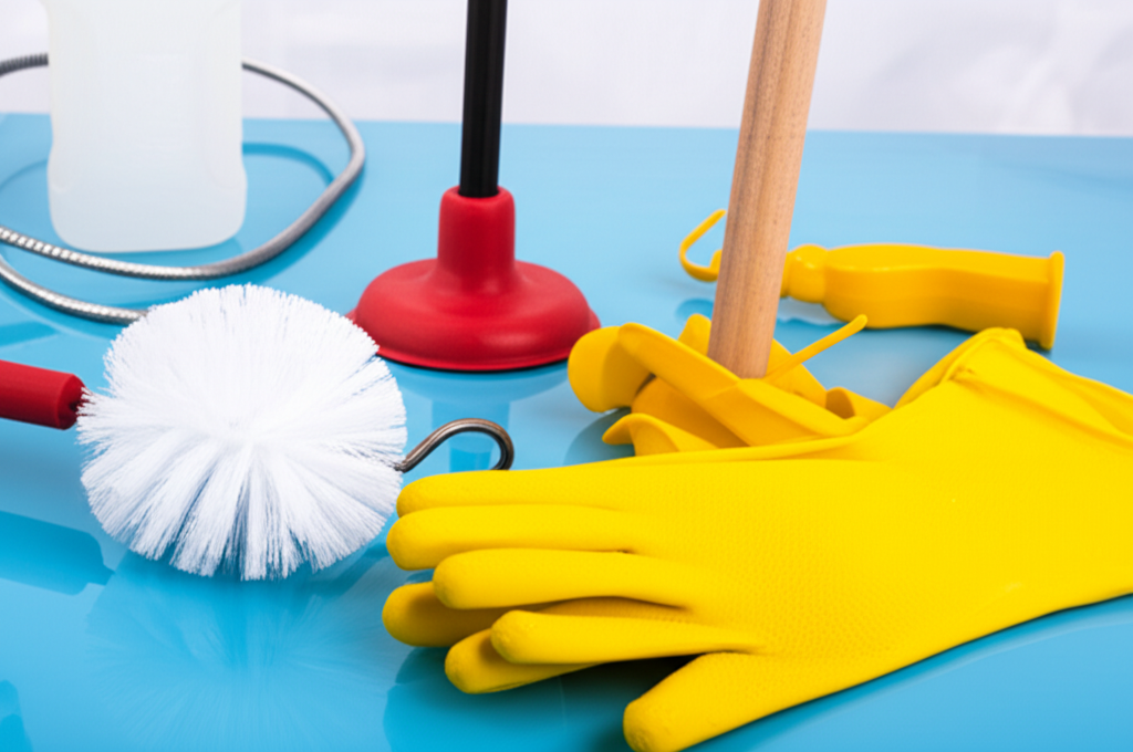 Imagem de diferentes utensílios e produtos que podem ser utilizados para desentupir o vaso sanitário em casa.