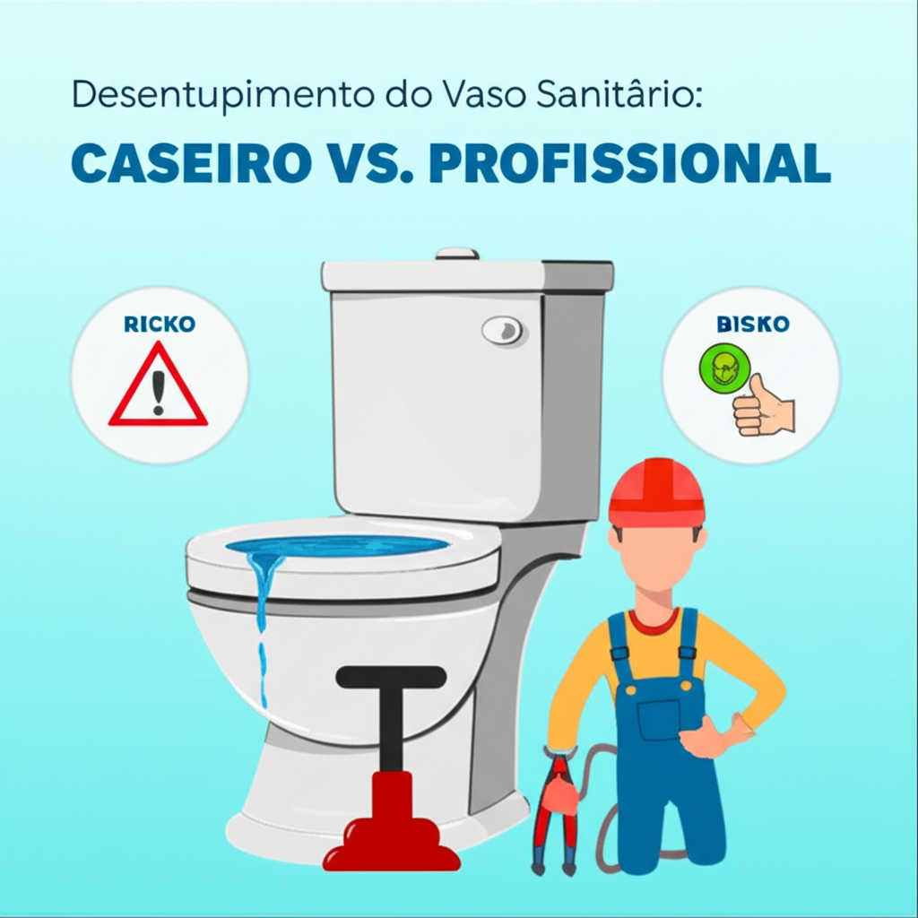 Comparativo entre soluções caseiras para desentupir o vaso e a contratação de um encanador profissional, destacando os riscos e benefícios de cada abordagem.