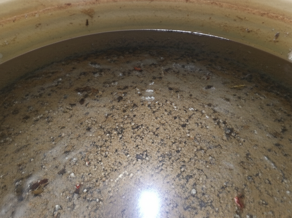 Acúmulo de sujeira e sedimentos no fundo de uma caixa d'água não limpa.