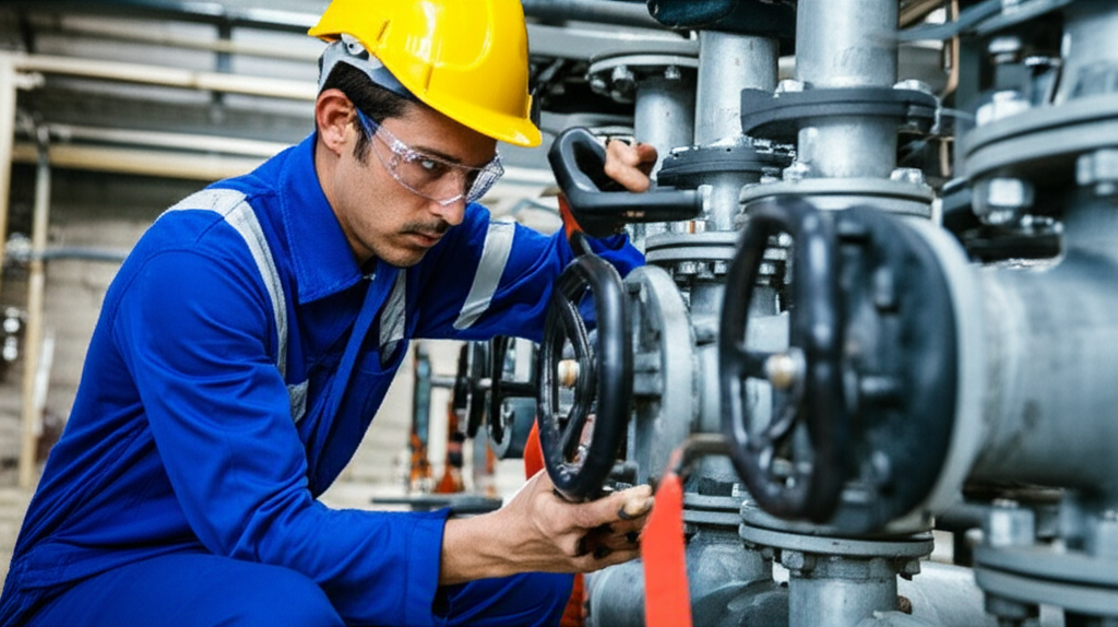 Técnico realizando manutenção preventiva em tubulações para evitar problemas futuros.