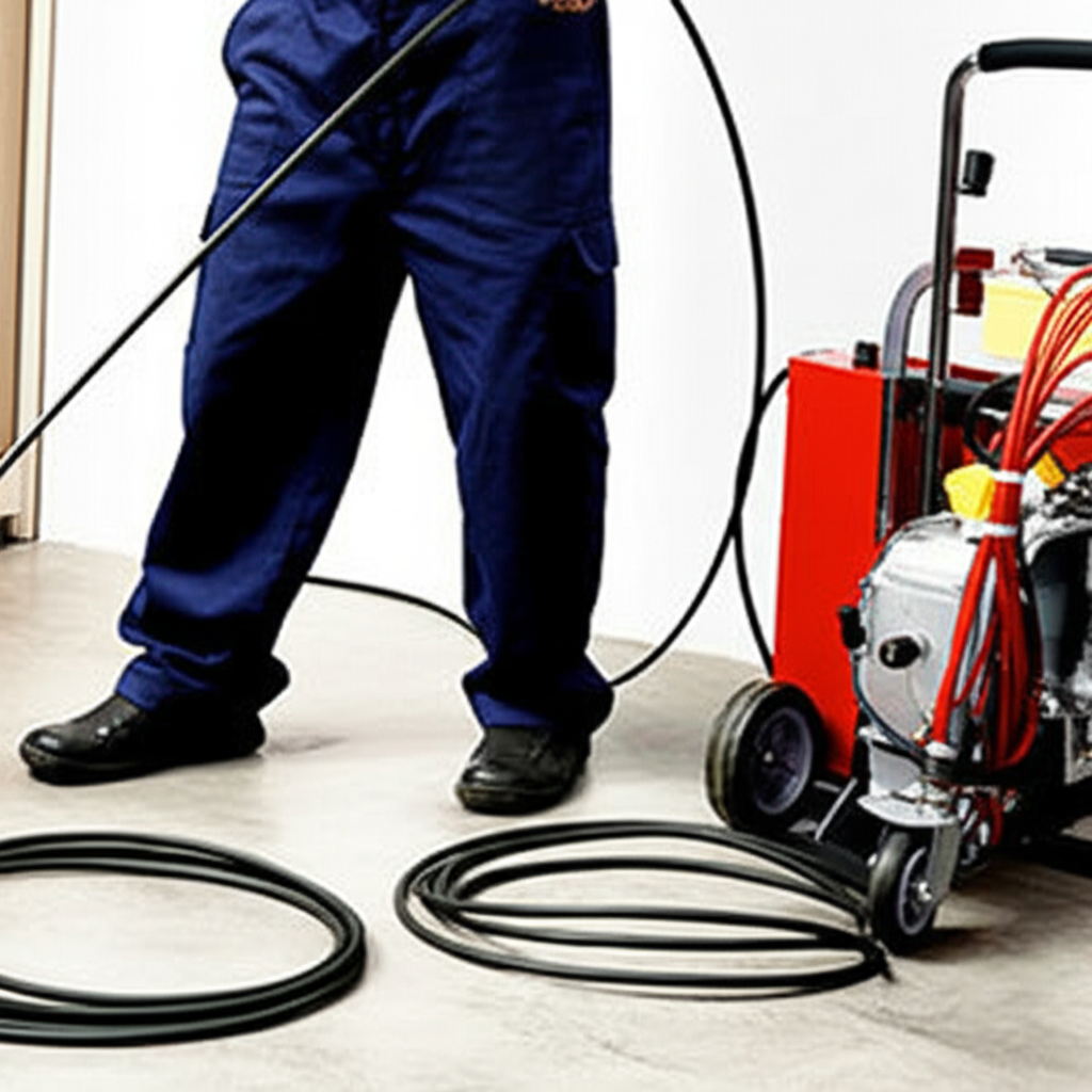 Técnico utilizando máquina desentupidora com cabo rotativo.