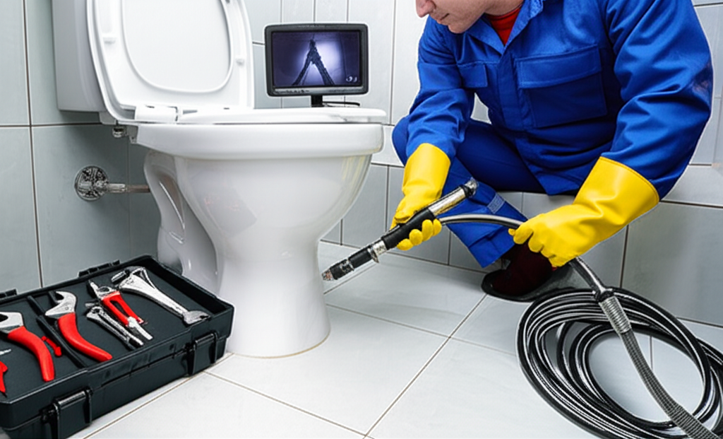 Imagem de um encanador utilizando equipamentos modernos para desentupir o vaso sanitário, como câmeras de inspeção e hidrojateamento.