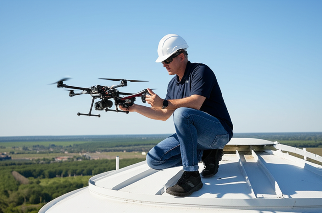 Profissional utilizando drone para inspecionar a caixa d'água em local de difícil acesso.
