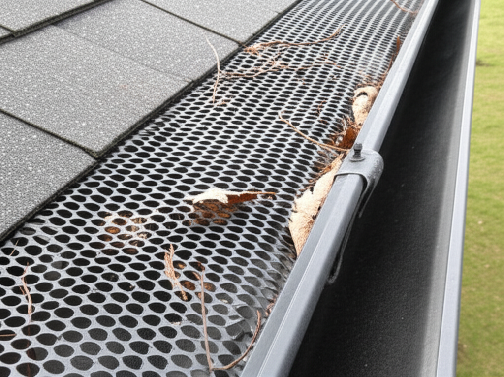 Tela protetora instalada sobre a calha para impedir a entrada de folhas e detritos.