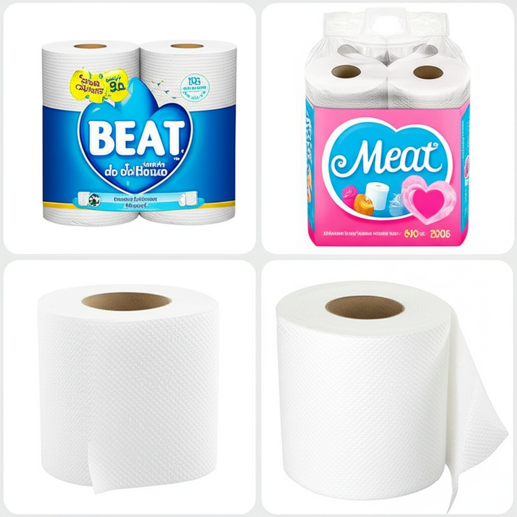 Comparativo visual de diferentes tipos de papel higiênico, mostrando suas texturas, espessuras e embalagens.