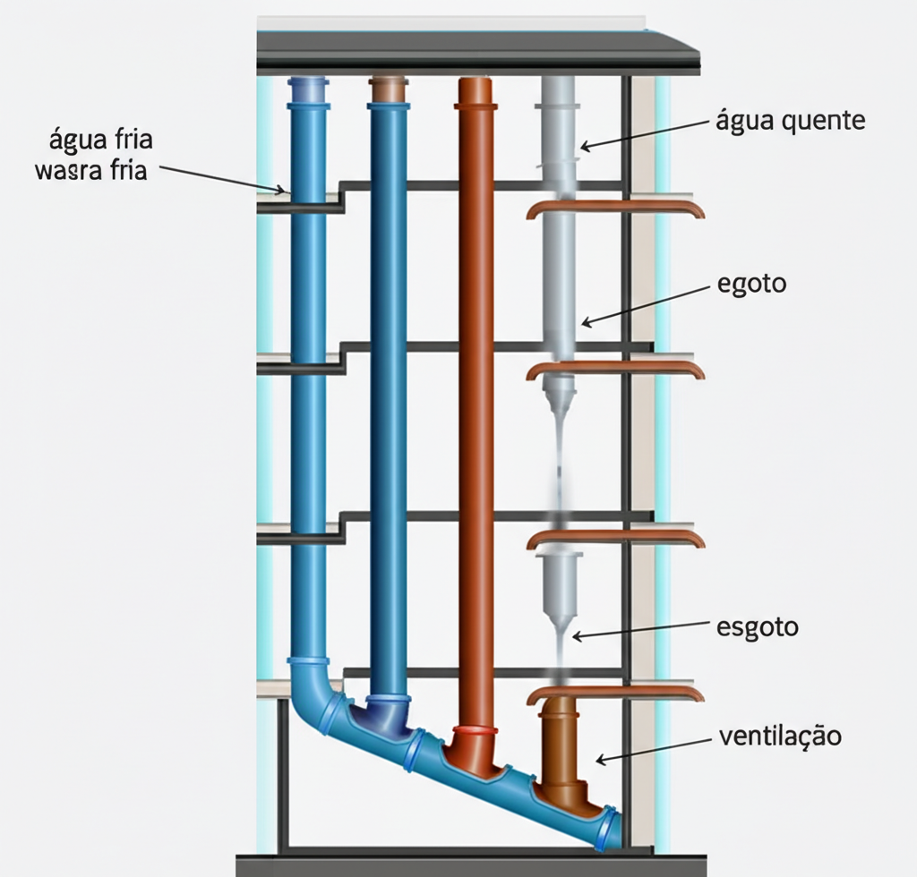 Representação visual dos diferentes tipos de prumadas em um prédio: água fria, água quente, esgoto e ventilação.