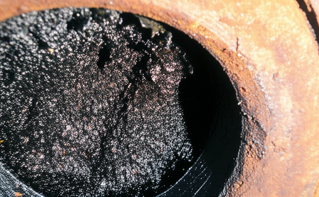 Imagem de uma tubulação antiga corroída e obstruída por resíduos de óleo.