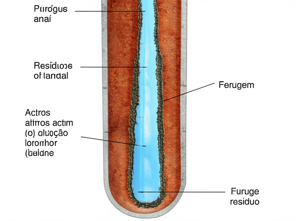 Ilustração de uma tubulação antiga com acúmulo de resíduos e ferrugem, dificultando a passagem da água.