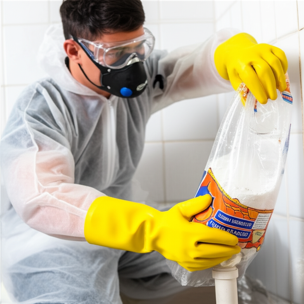 Homem utilizando equipamentos de proteção individual (EPIs) ao manusear soda cáustica para desentupir um cano.