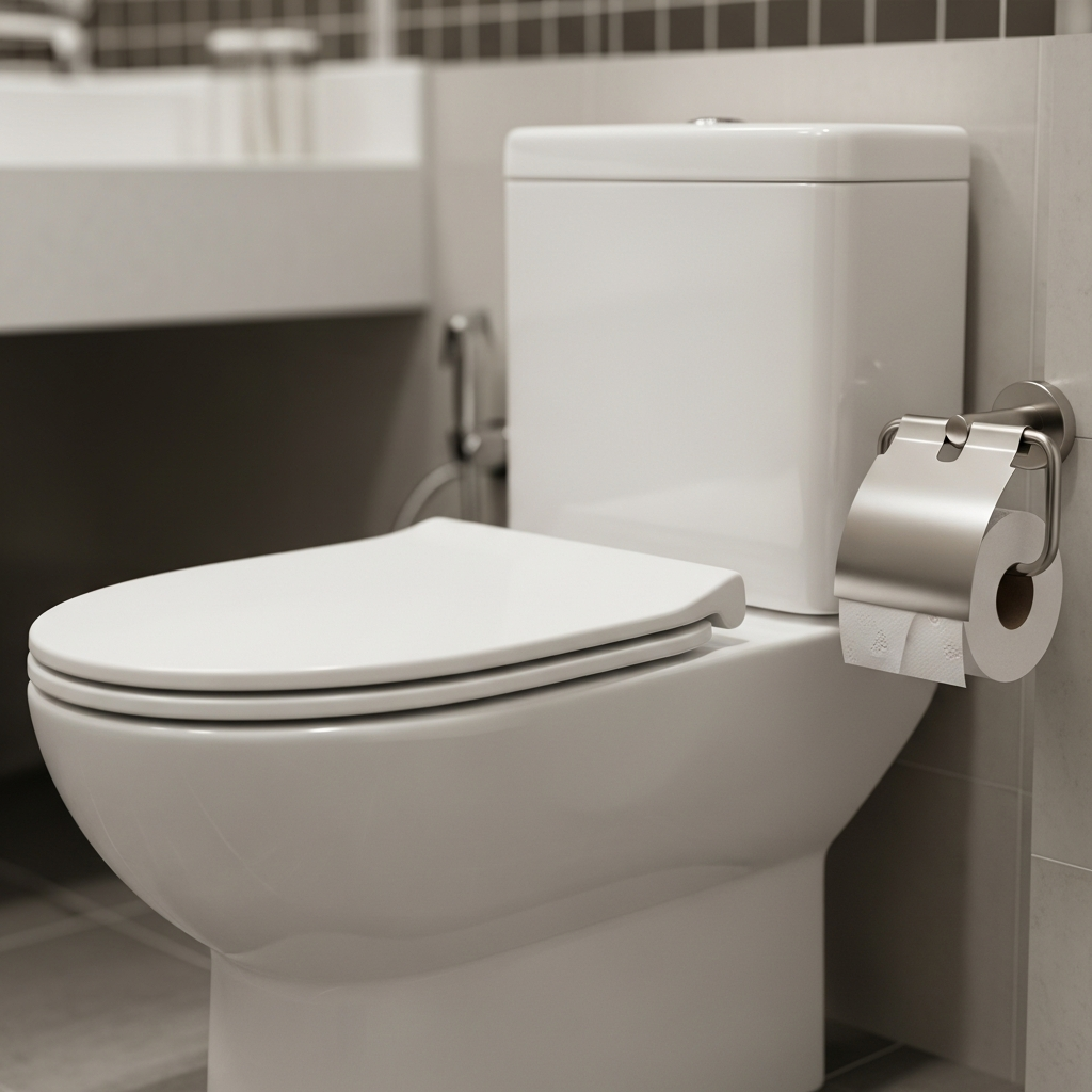 Vaso sanitário moderno com rolo de papel higiênico ao lado, ilustrando o cotidiano do uso e descarte do papel.