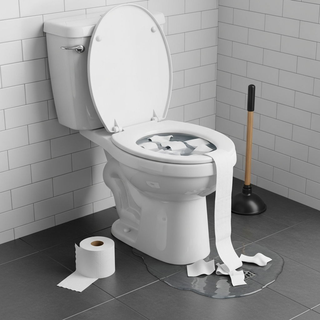 Vaso sanitário com rolo de papel higiênico ao lado, representando a questão comum sobre entupimentos.